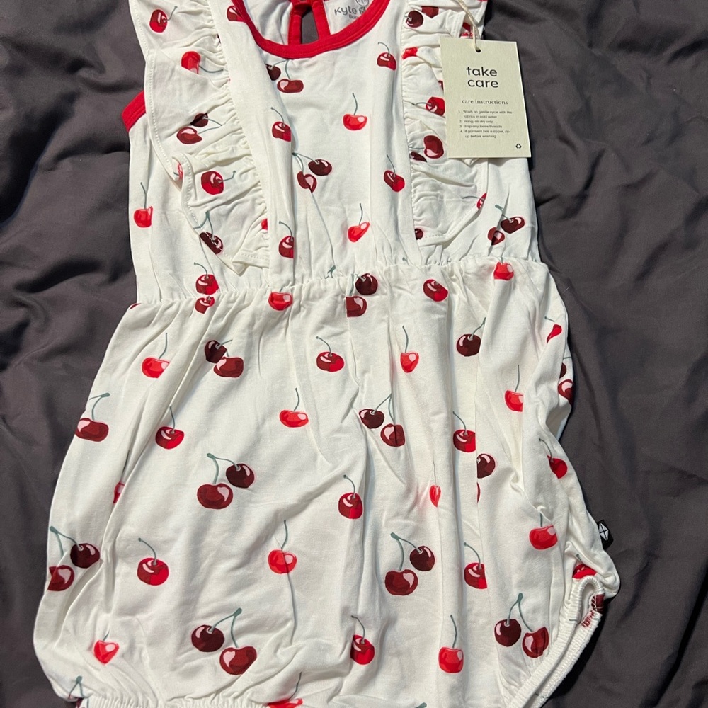 Kyte BABY Cherry Print Kids Bubble Romper- White and Red